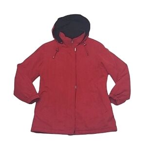 London Fog Midi Coat Mid Length Jacket Removable Hood Full Zip Collar Pockets